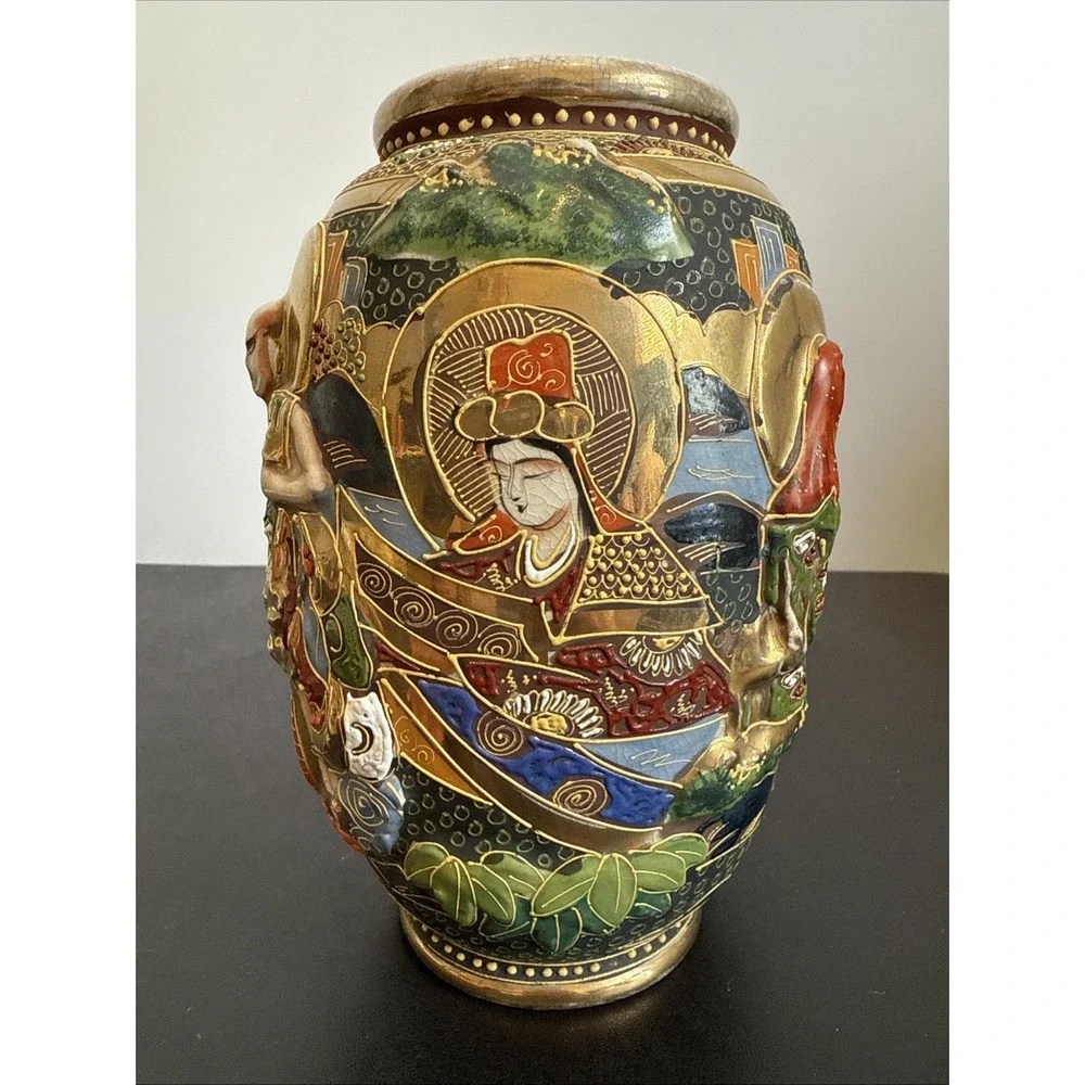 Antique Japanese Intricate Raised Enamel Moriage Satsuma Vase 6 Immortals Dragon